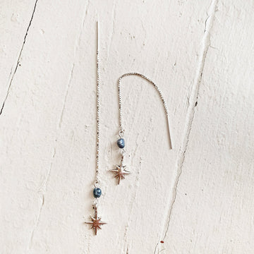 twilight star // sterling silver threader earrings with freshwater pearl & silver plated star