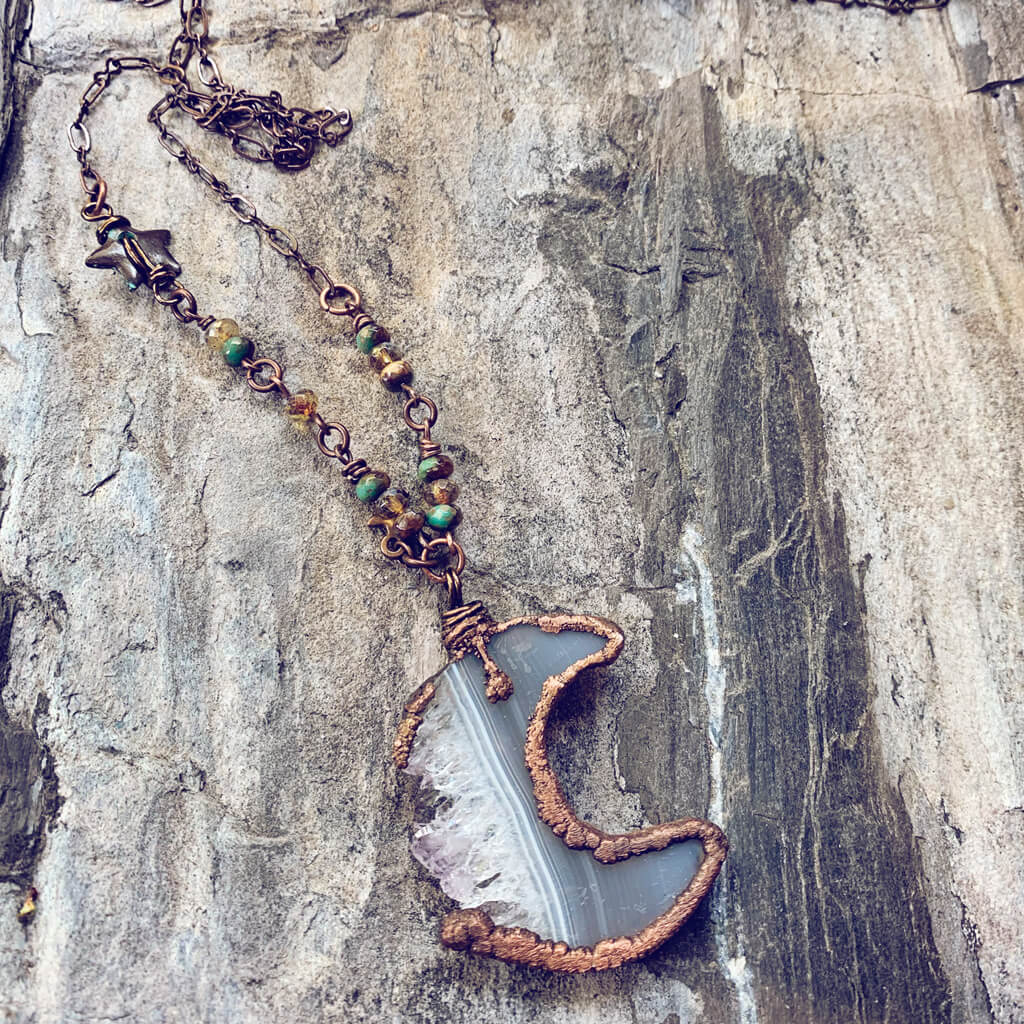 Under an Amethyst Moon copper electroformed crescent moon amethyst slice bohemian necklace